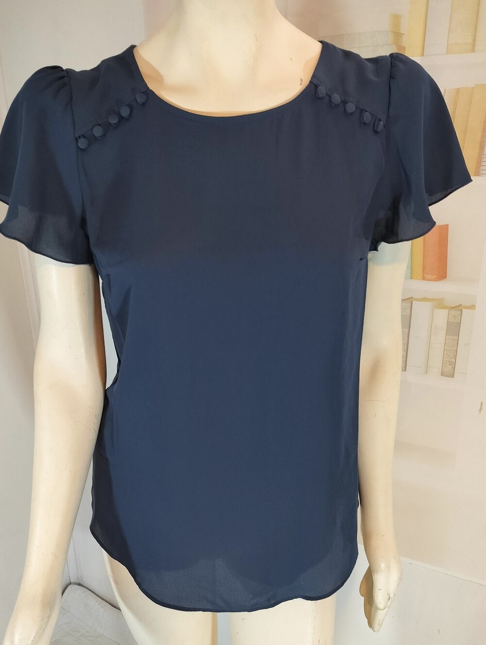 Women's Navy Short Sleeve Button-Accent Blouse